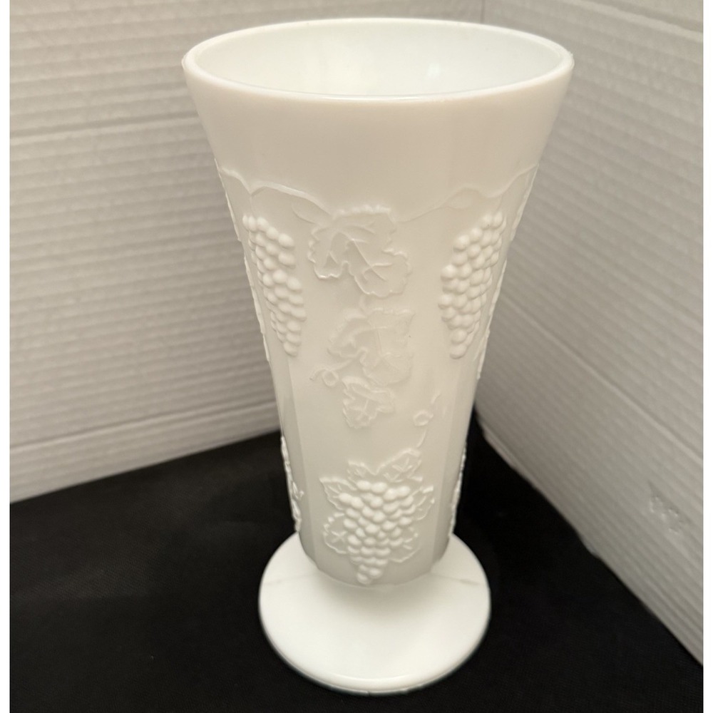 Vtg Harvest Milk Glass by Colony 9.75" Tall Flower Vase Panel Grape Pattern